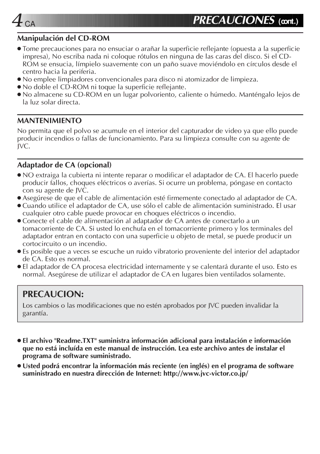 JVC GV-CB3E manual Preca UCI ONE S, Precaucion, Manipulación del CD-ROM, Mantenimiento, Adaptador de CA opcional 