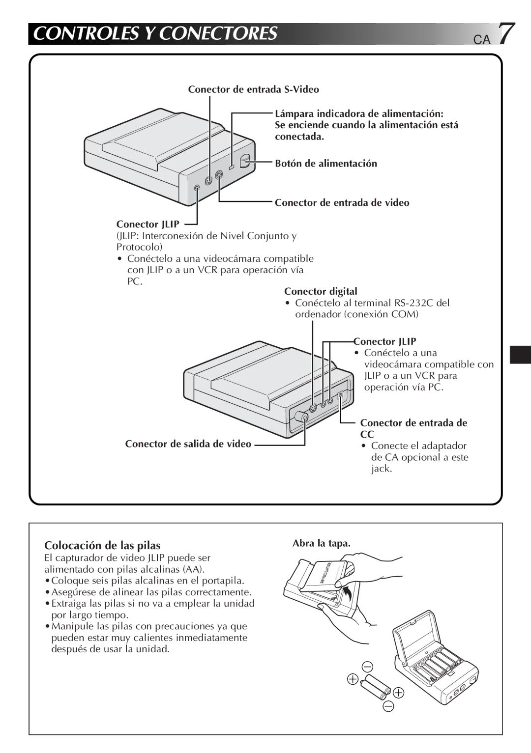 JVC GV-CB3E manual Controles Y Conectores, Colocación de las pilas, Conector digital 