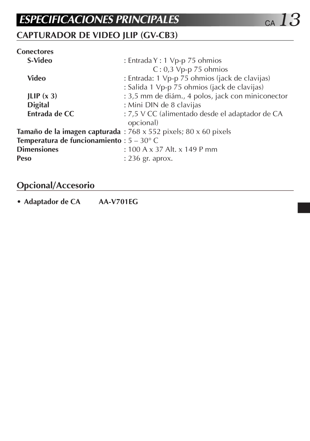 JVC GV-CB3E manual Capturador DE Video Jlip GV-CB3, Opcional/Accesorio 