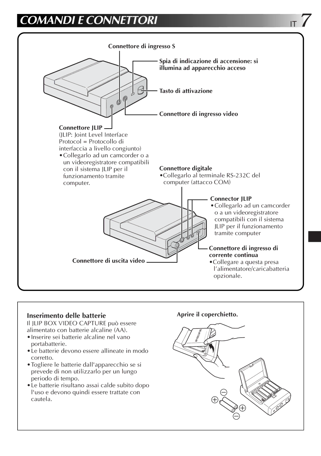 JVC GV-CB3E manual Comandi E Connettori IT, Inserimento delle batterie, Connettore di ingresso S 