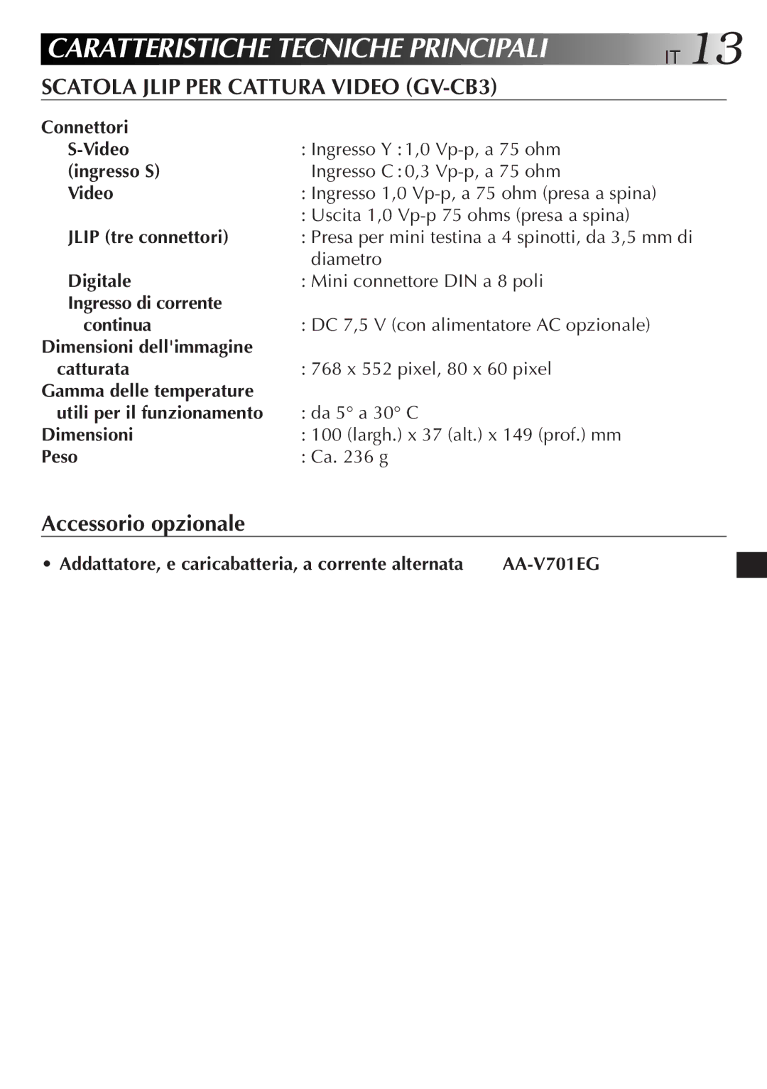 JVC GV-CB3E manual Scatola Jlip PER Cattura Video GV-CB3, Accessorio opzionale 