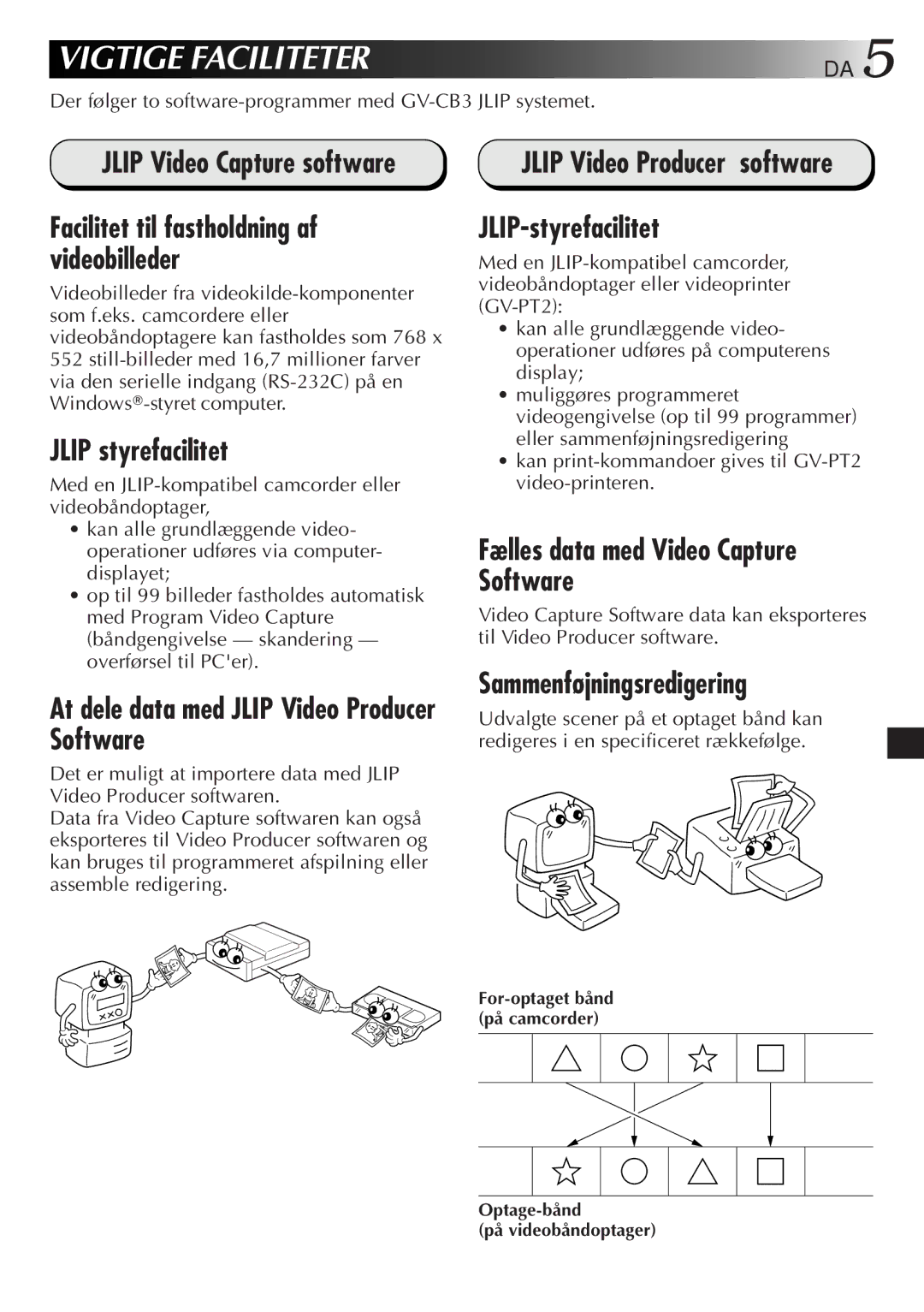 JVC GV-CB3E manual Vigtige Faciliteter 