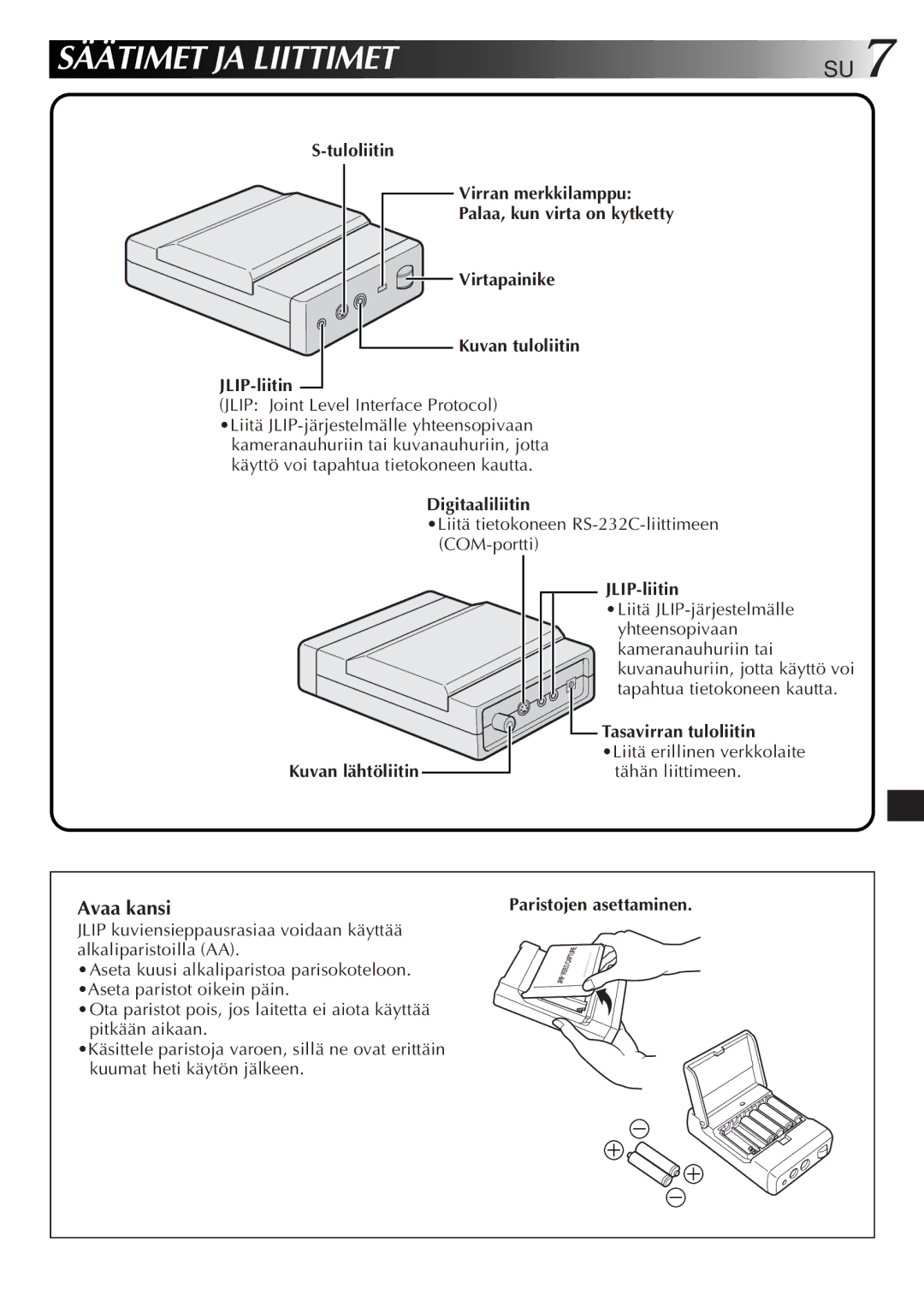 JVC GV-CB3E manual Säätimet JA Liittimet, Avaa kansi, Digitaaliliitin, Tasavirran tuloliitin, Kuvan lähtöliitin 