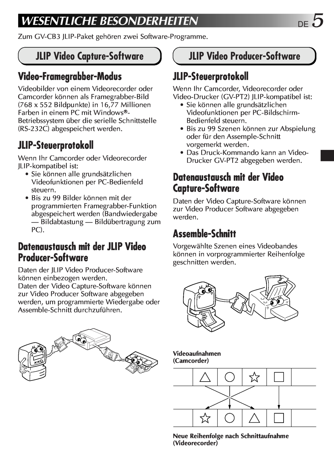 JVC GV-CB3E manual Wesentliche Besonderheiten, JLIP Video Capture-Software, Video-Framegrabber-Modus, JLIP-Steuerprotokoll 