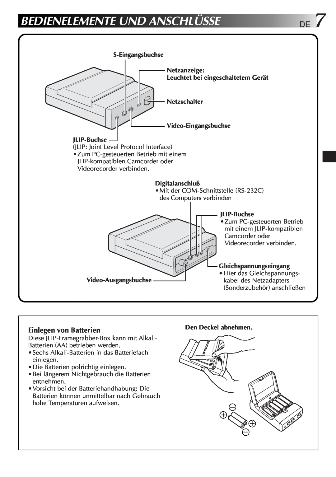 JVC GV-CB3E manual Bedienelemente Und Anschlüsse, Einlegen von Batterien 