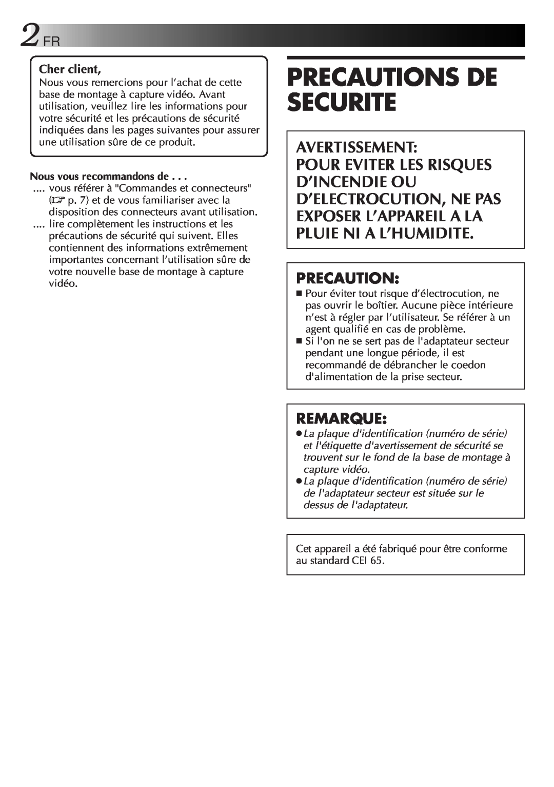 JVC GV-CB3E manual Precautions De Securite, Avertissement, Remarque 