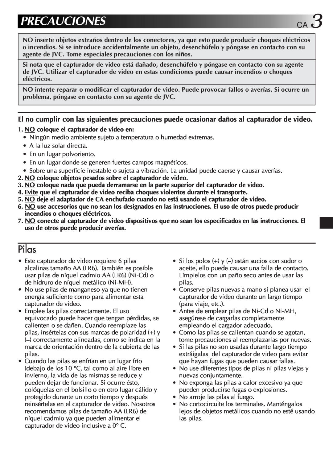 JVC GV-CB3E manual Precauciones Ca, Pilas 