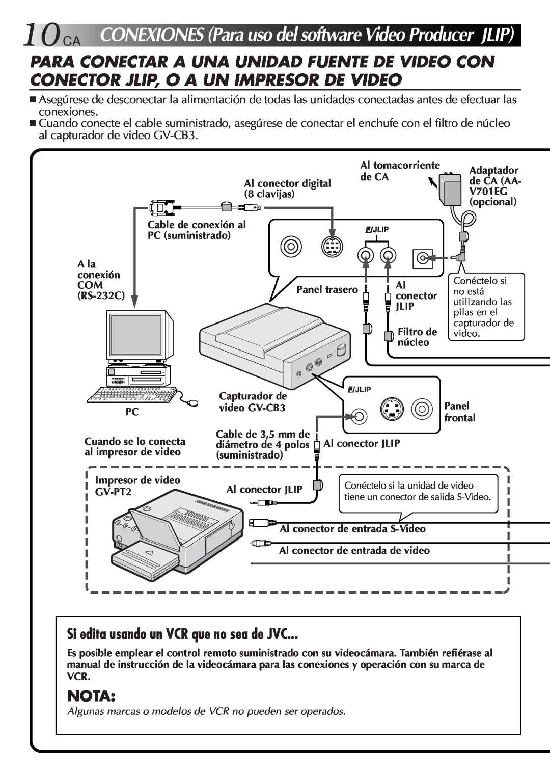 JVC GV-CB3E manual CONEXIONESParauso del softwareVideoProducer JLIP, Si edita usando un VCR que no sea de JVC, Nota, 10CA 