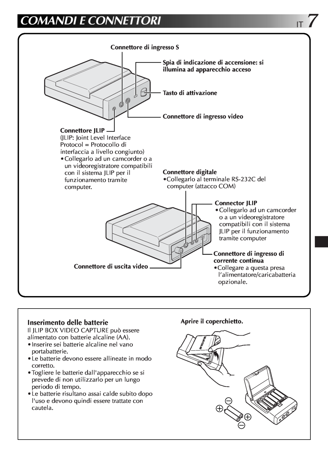 JVC GV-CB3E manual Comandi E Connettori It, Inserimento delle batterie 