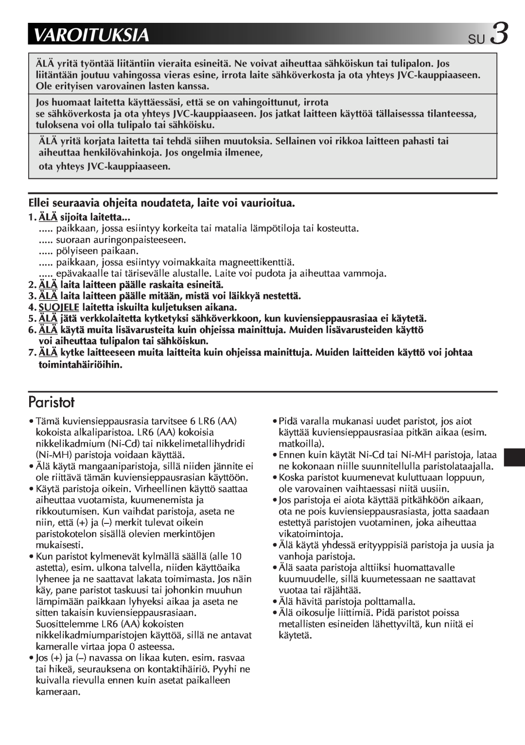 JVC GV-CB3E manual Varoituksia, Paristot 