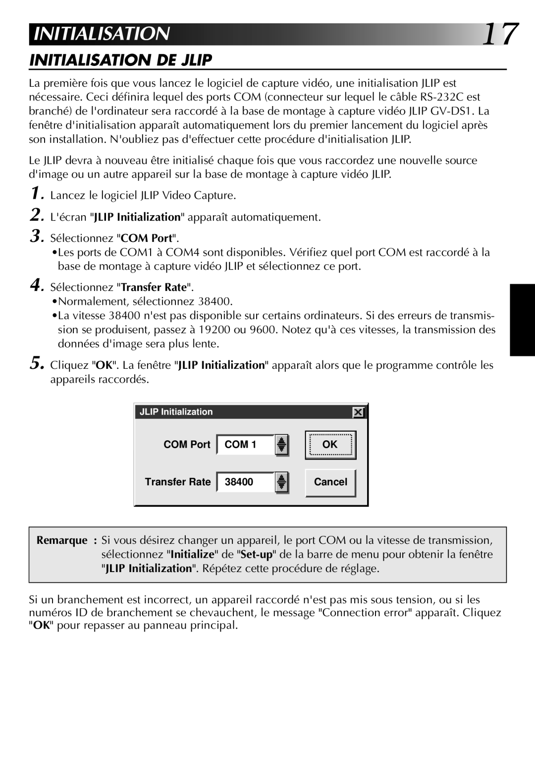 JVC GV-DS1U manual Initialisation DE Jlip 