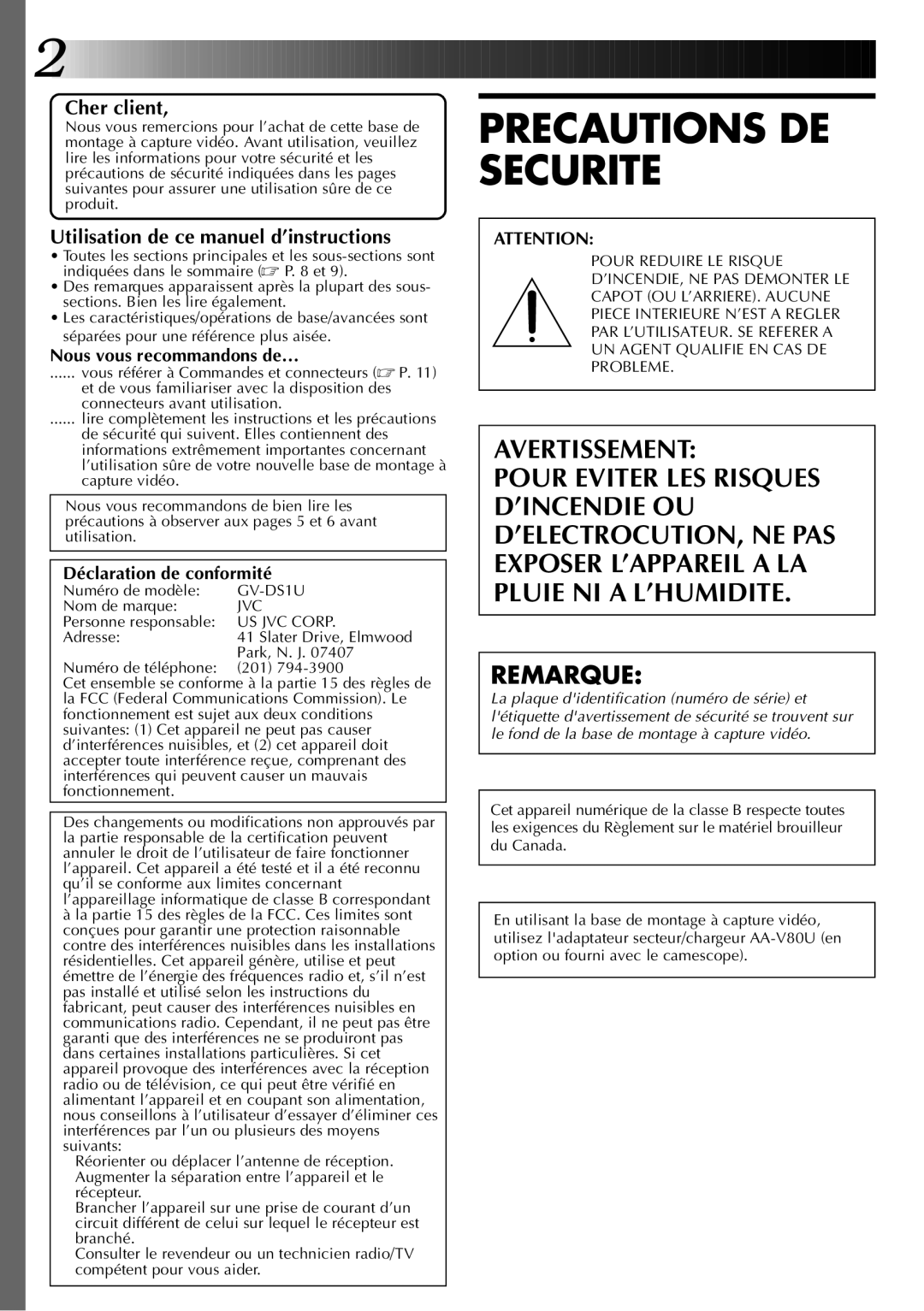 JVC GV-DS1U manual Cher client, Utilisation de ce manuel d’instructions 