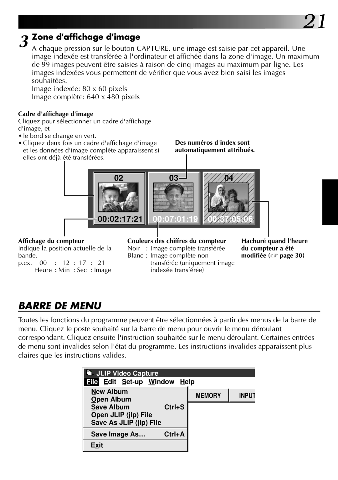 JVC GV-DS1U manual Barre DE Menu, Zone daffichage dimage 