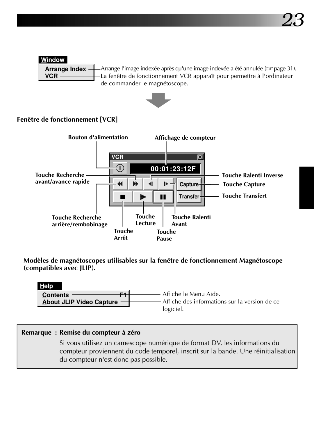 JVC GV-DS1U manual Fenêtre de fonctionnement VCR, Remarque Remise du compteur à zéro 