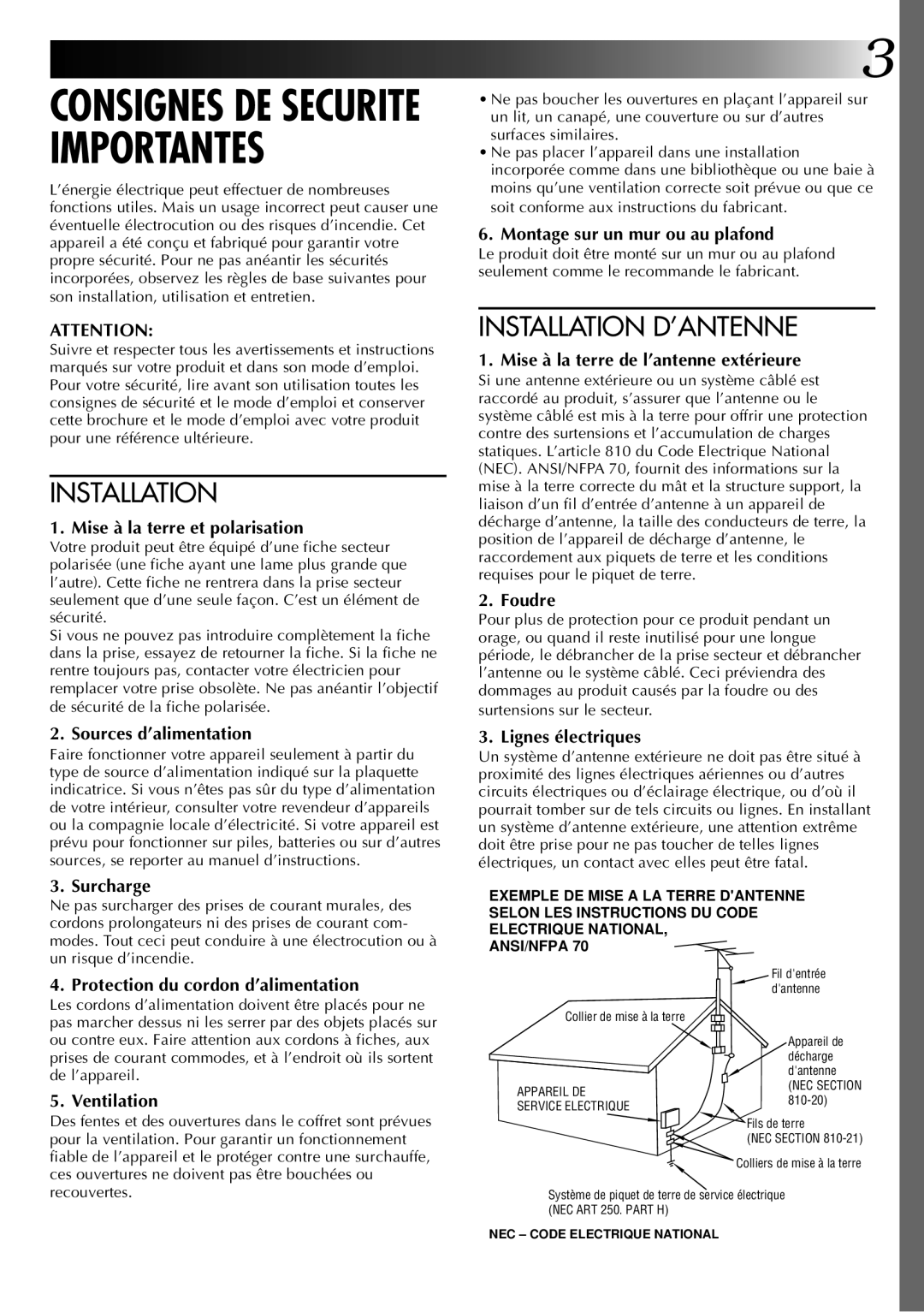 JVC GV-DS1U manual Consignes DE Securite Importantes 