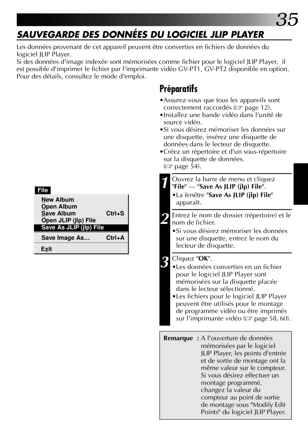 JVC GV-DS1U manual Sauvegarde DES Données DU Logiciel Jlip Player 