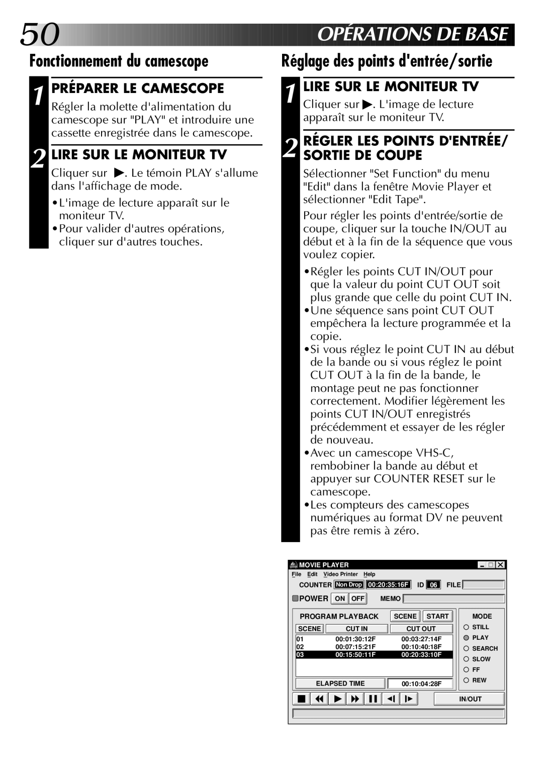 JVC GV-DS1U manual Opératio NS D E Base, Fonctionnement du camescope, Réglage des points dentrée/sortie 