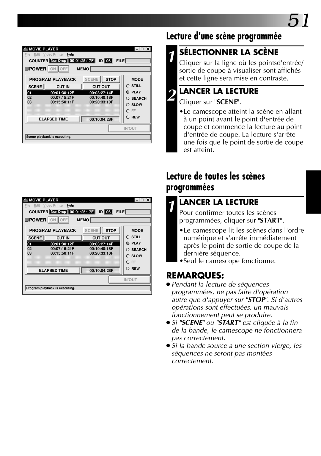 JVC GV-DS1U manual Lecture dune scène programmée, Lecture de toutes les scènes programmées, Sélectionner LA Scène 