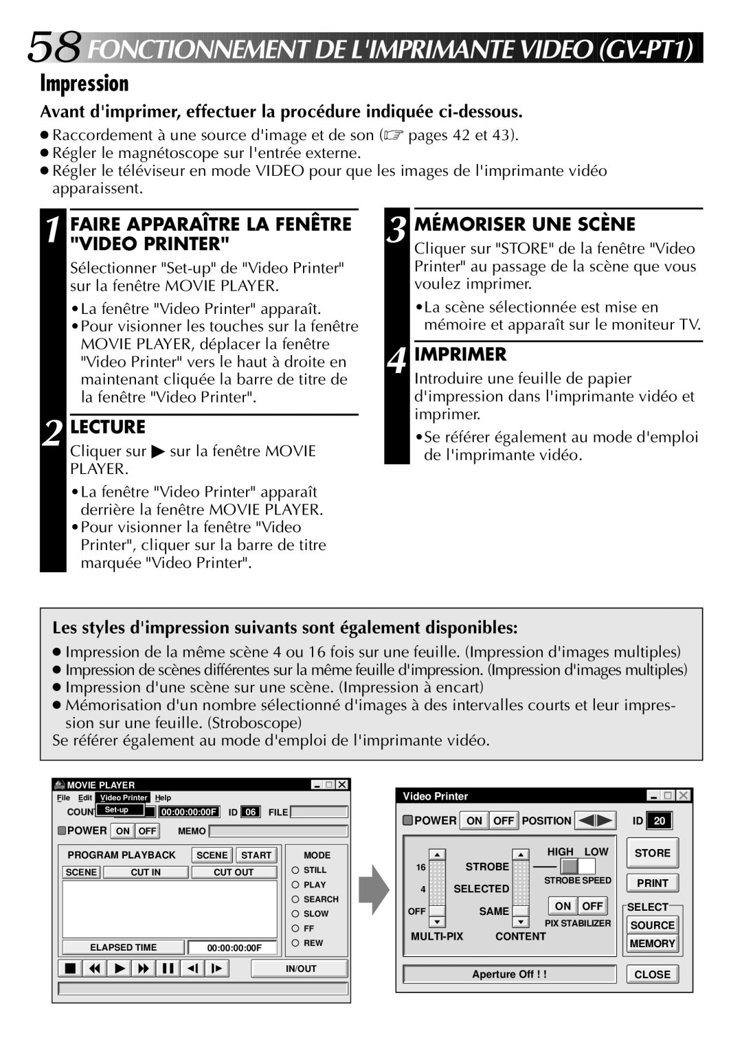 JVC GV-DS1U Fonctionnement DE LIM Primante Video GV-PT1, Impression, Faire Apparaître LA Fenêtre Video Printer, Lecture 