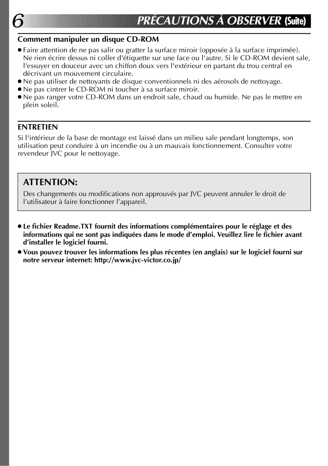 JVC GV-DS1U manual Précautions À OB S Erver Suite, Comment manipuler un disque CD-ROM, Entretien 