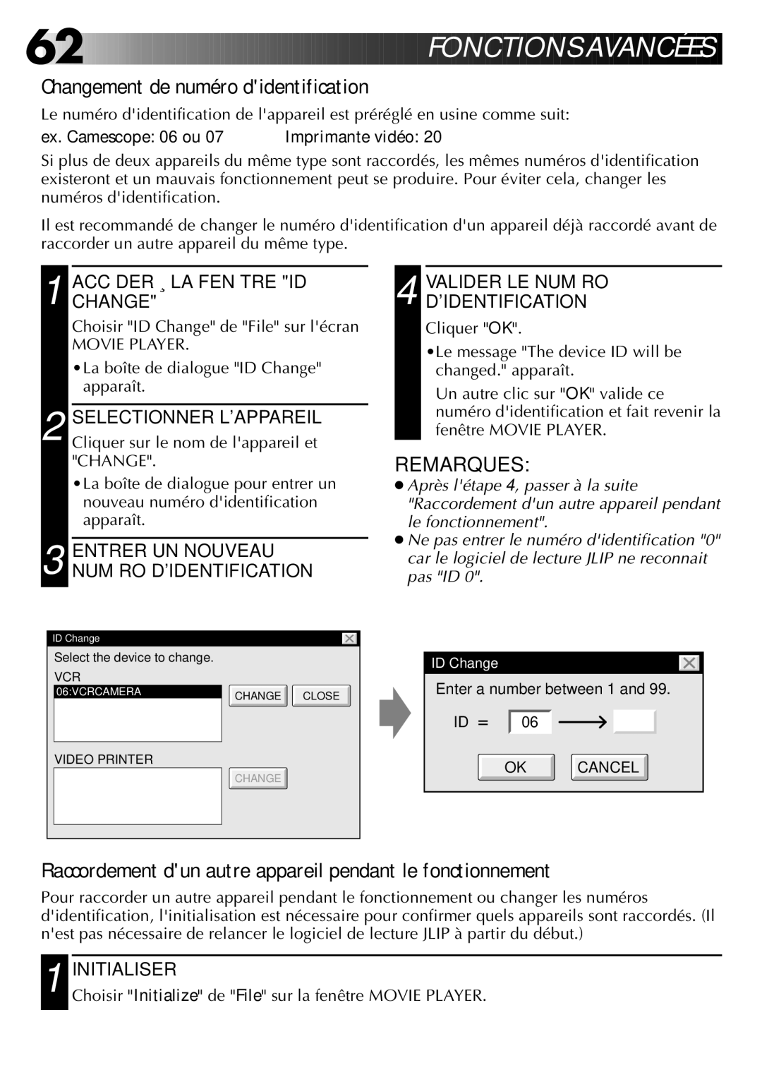 JVC GV-DS1U manual Fonctio NS Avancées, Changement de numéro didentification 