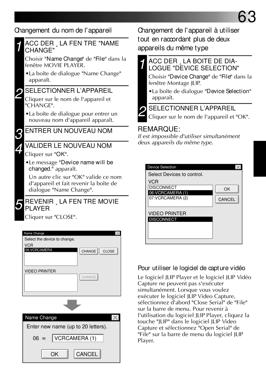 JVC GV-DS1U Accéder À LA Fenêtre Name Change, Entrer UN Nouveau NOM, Accéder À LA Boite DE DIA- Logue Device Selection 