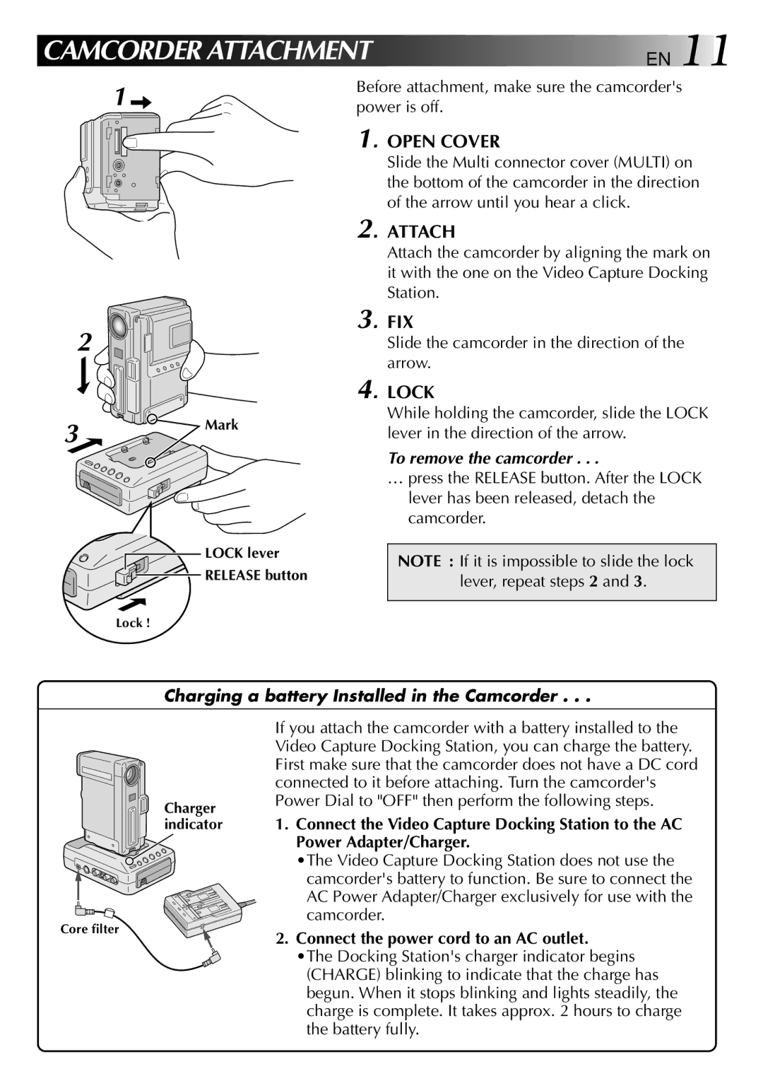 JVC GV-DS2 manual Open Cover, Attach, Fix, Lock, Connect the power cord to an AC outlet 