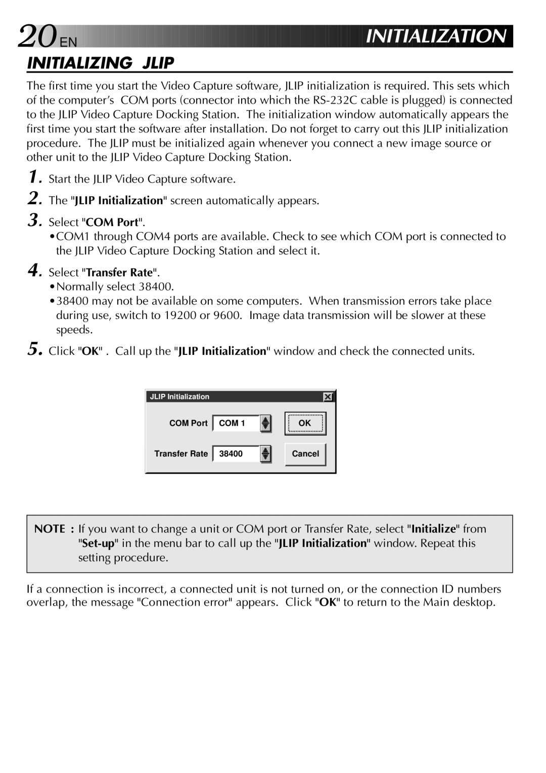 JVC GV-DS2 manual Initializing Jlip, Select Transfer Rate. Normally select 