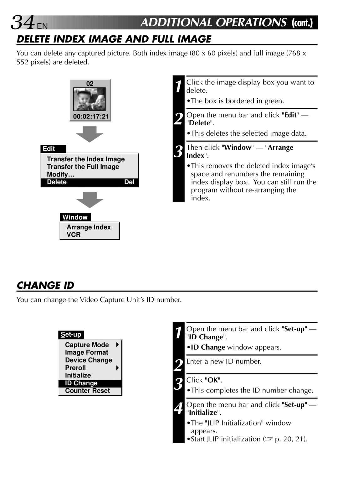 JVC GV-DS2 manual Additional Operation S, Delete Index Image and Full Image, Change ID 