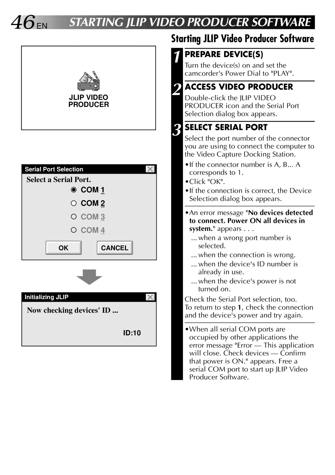 JVC GV-DS2 manual Prepare Devices, Access Video Producer, Select Serial Port 