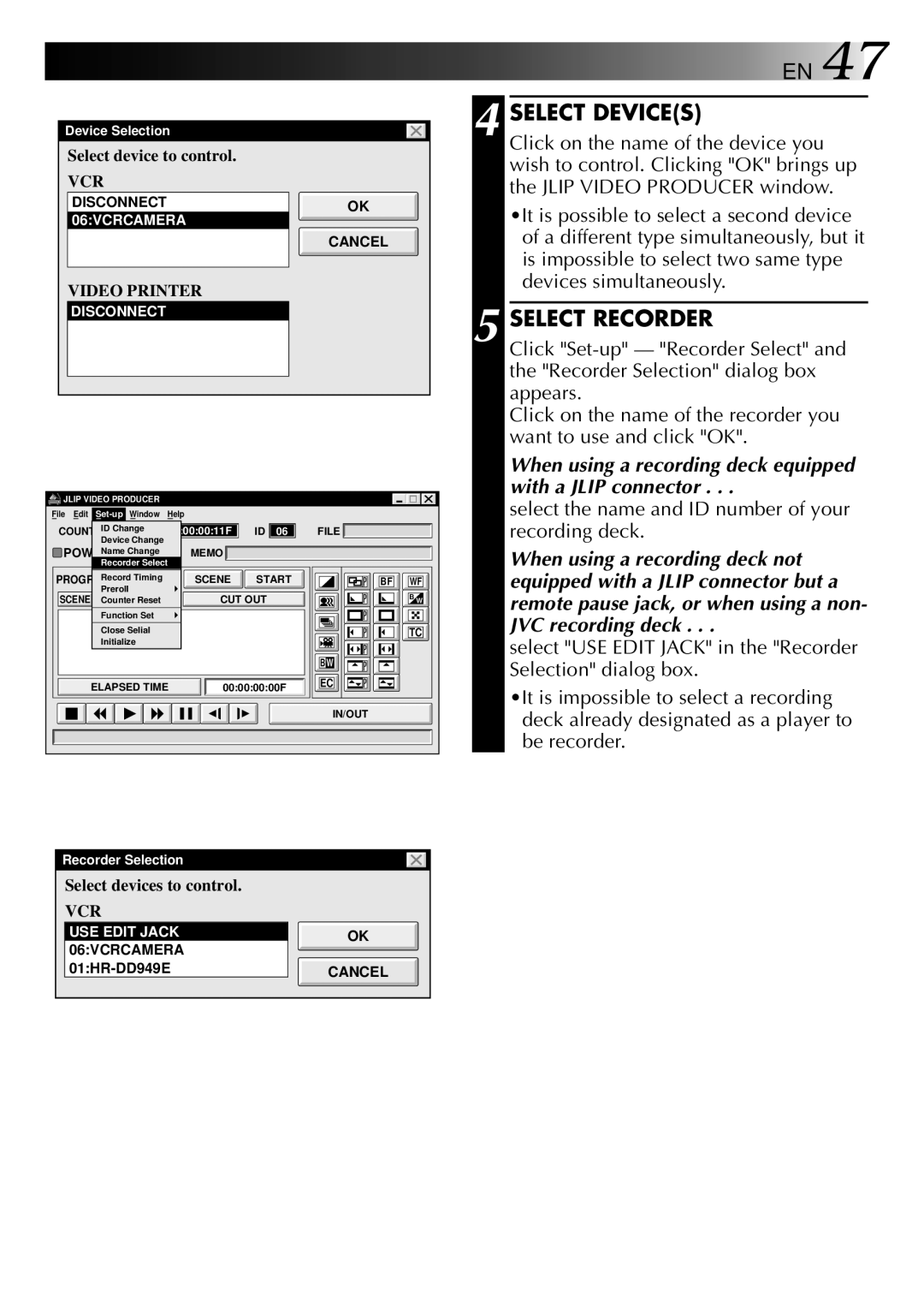 JVC GV-DS2 manual Select Devices, Select Recorder 