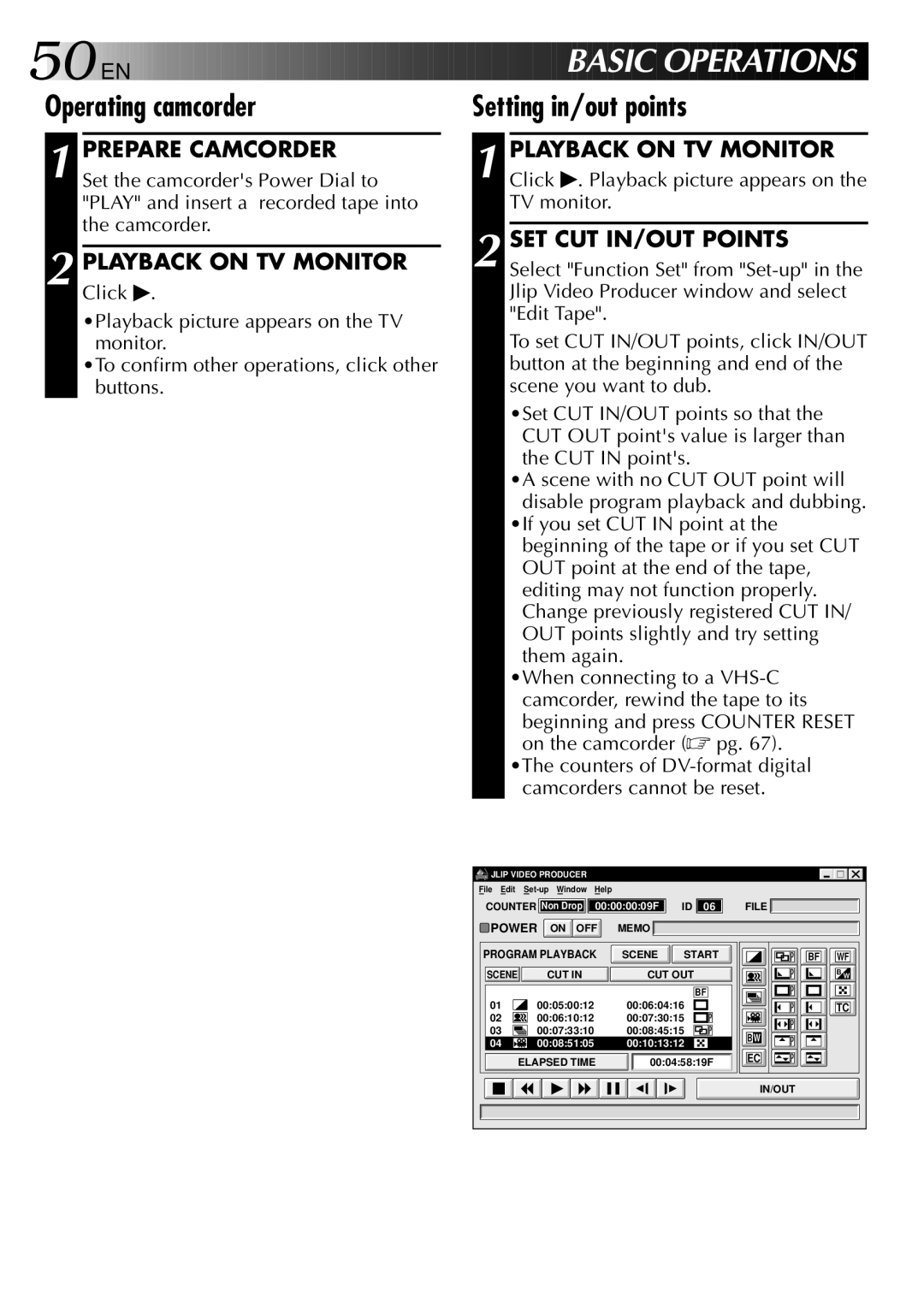 JVC GV-DS2 manual EN Basic Oper Ations, Operating camcorder, Setting in/out points, Playback on TV Monitor 