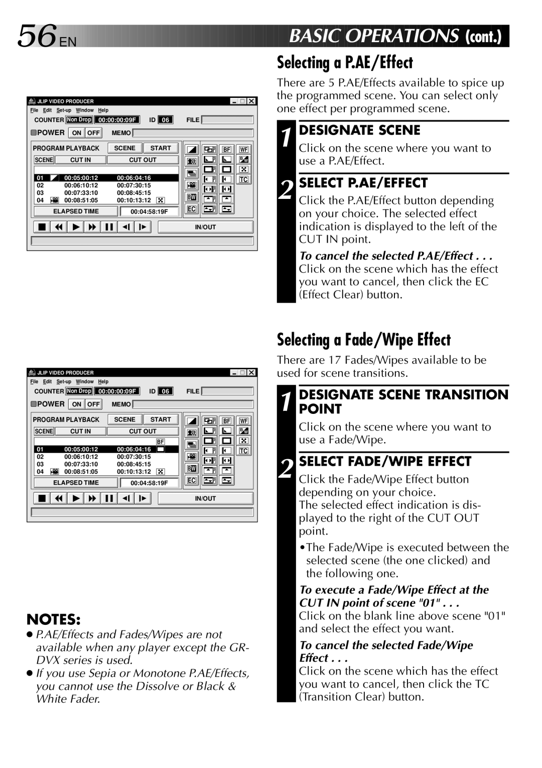 JVC GV-DS2 manual Basic Operat Ions, Selecting a P.AE/Effect, Selecting a Fade/Wipe Effect, Select P.AE/EFFECT 