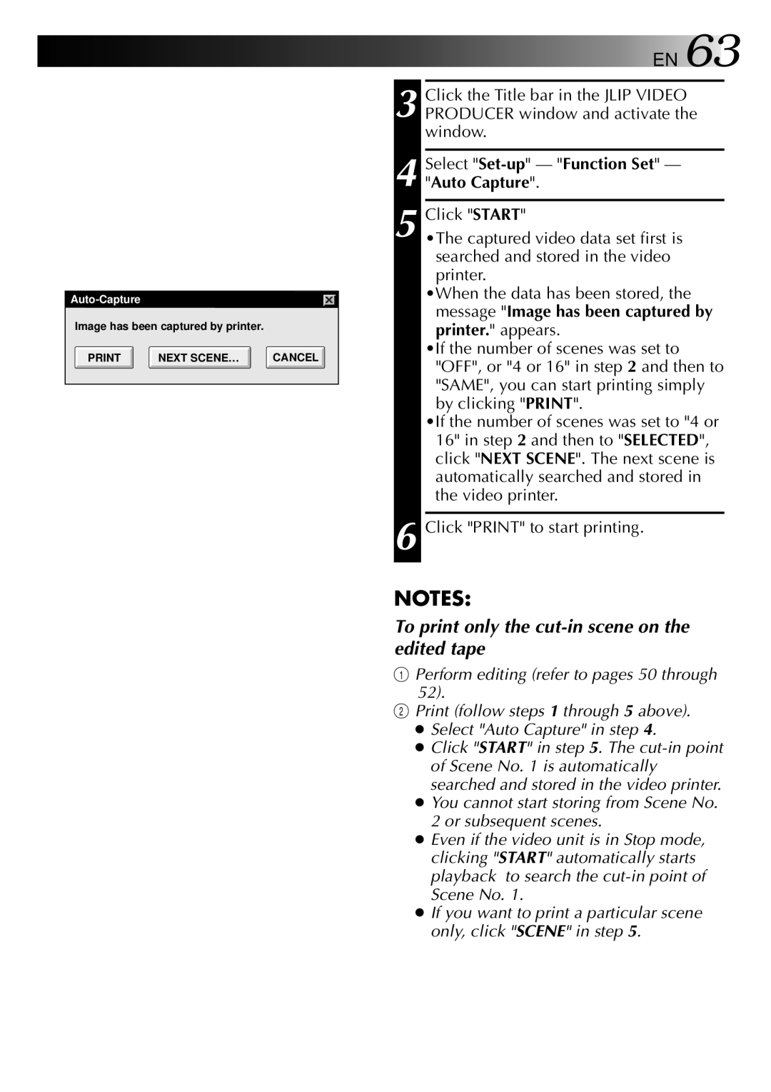 JVC GV-DS2 manual To print only the cut-in scene on the edited tape, Select Set-up Function Set Auto Capture 