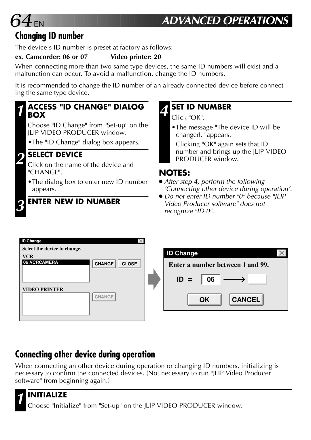 JVC GV-DS2 manual EN Advan CED Oper Ations, Changing ID number, Connecting other device during operation 