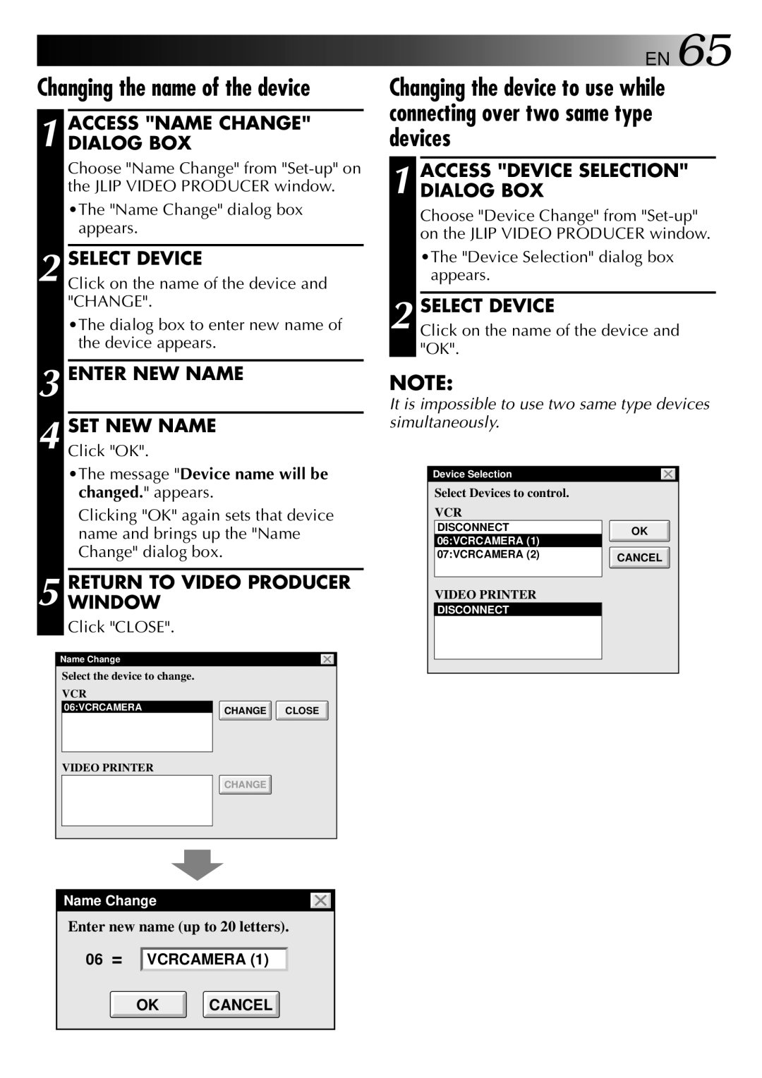 JVC GV-DS2 manual Access Name Change Dialog BOX, Enter NEW Name SET NEW Name, Return to Video Producer Window 