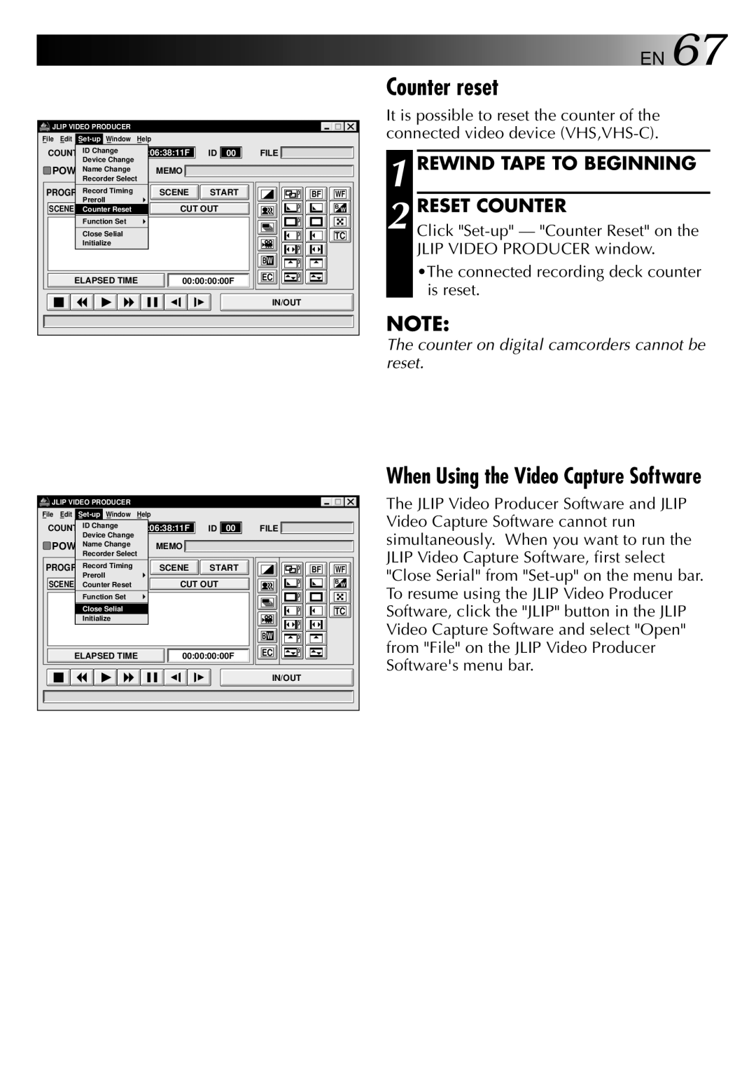 JVC GV-DS2 manual Counter reset, Rewind Tape to Beginning Reset Counter, When Using the Video Capture Software 