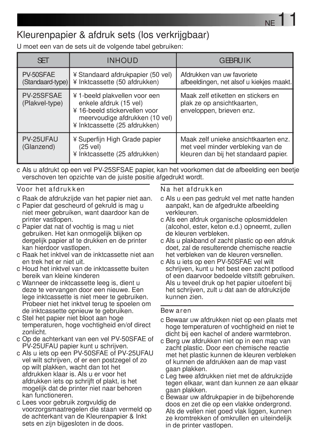 JVC GV-DT3 Kleurenpapier & afdruk sets los verkrijgbaar, SET Inhoud Gebruik, Voor het afdrukken, Na het afdrukken, Bewaren 