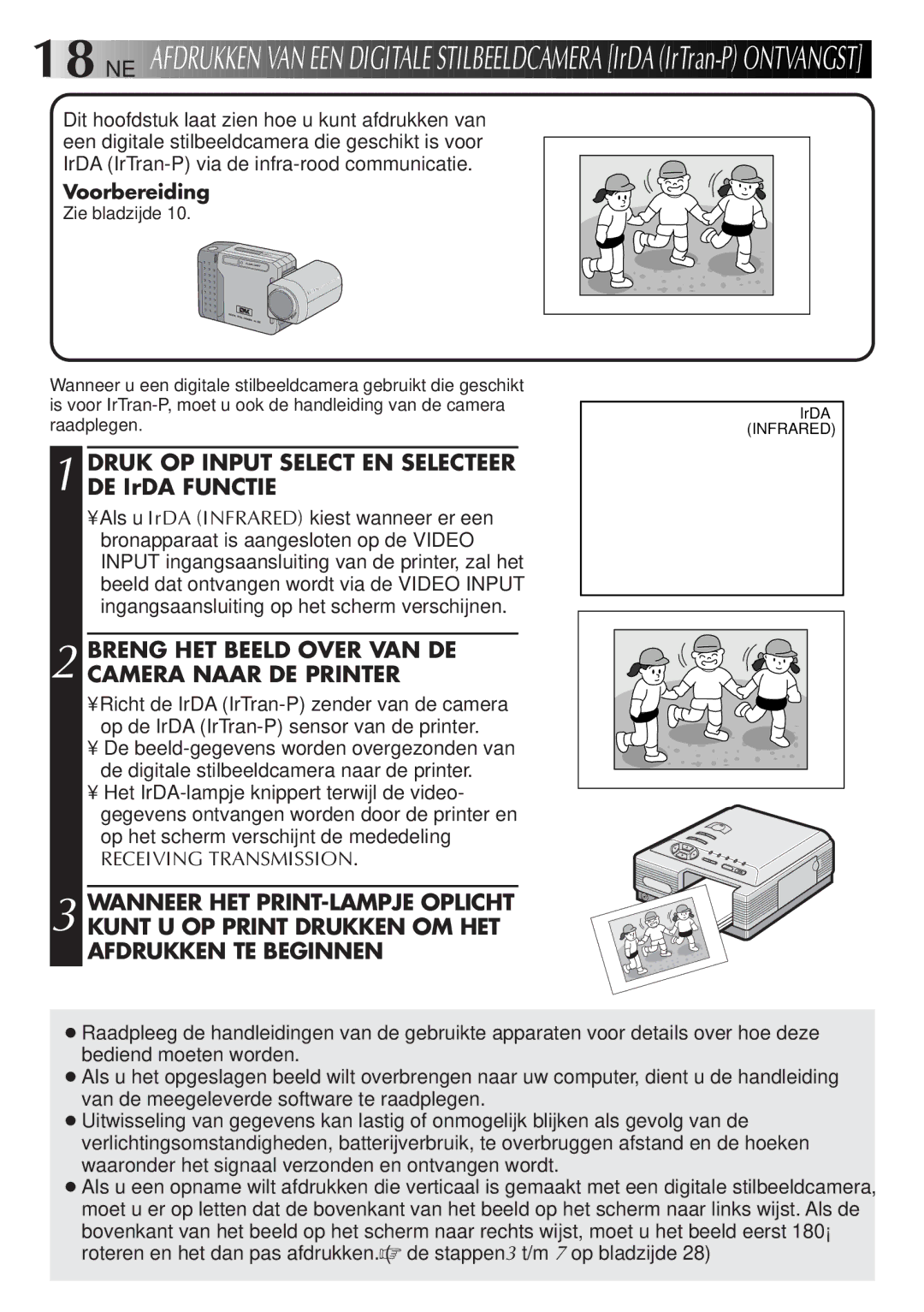 JVC GV-DT3 18 NE, Druk OP Input Select EN Selecteer DE IrDA Functie, Breng HET Beeld Over VAN DE Camera Naar DE Printer 