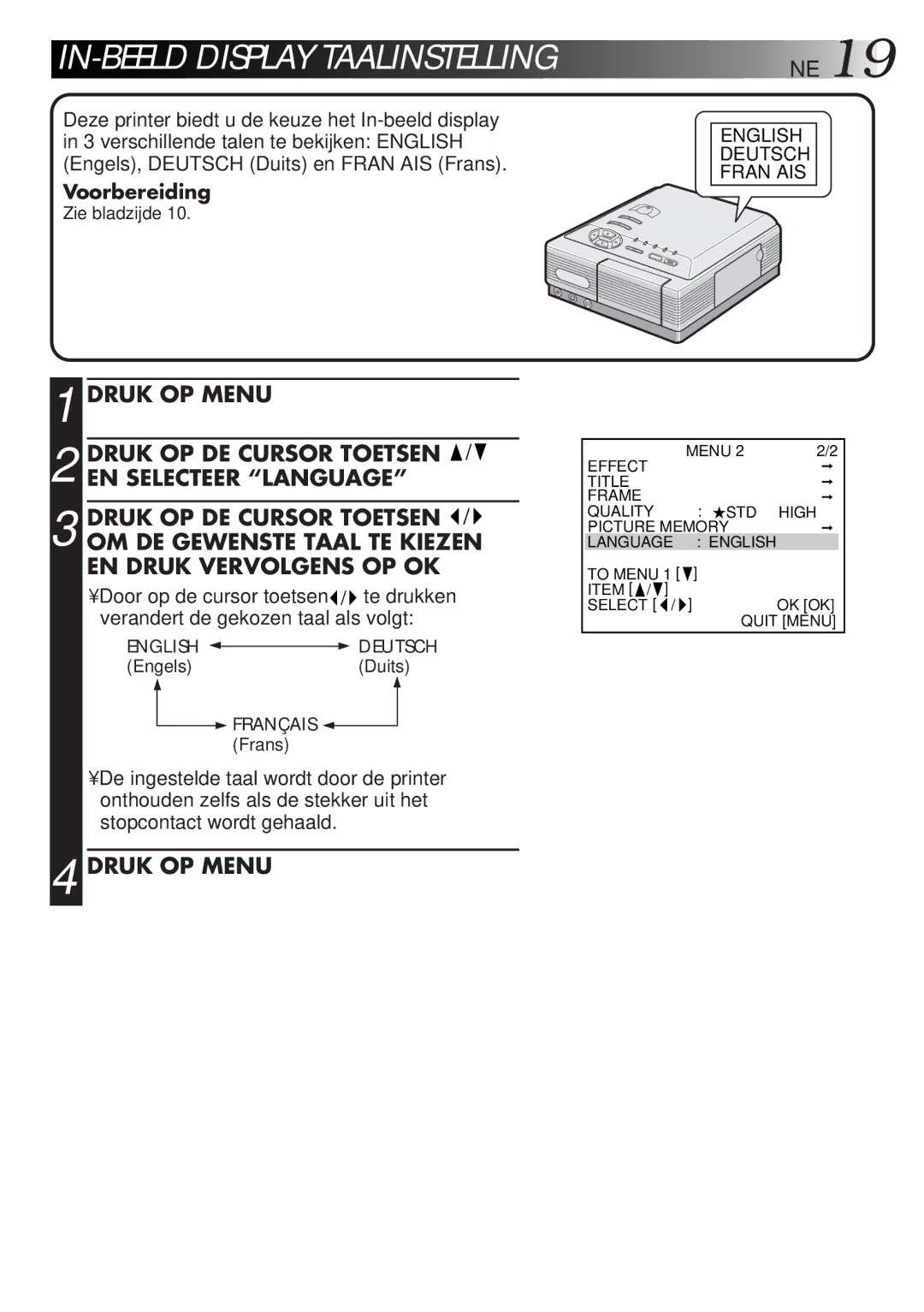 JVC GV-DT3 manual IN-BEELD Display Taalinstelling, Druk OP Menu 