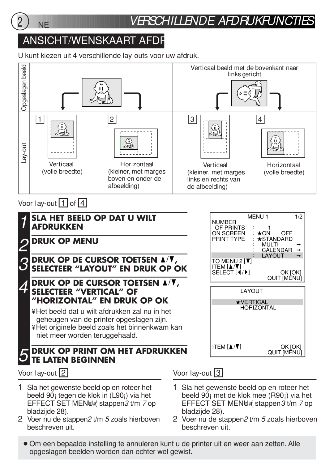 JVC GV-DT3 manual 20 NE, ANSICHT/WENSKAART Afdrukken, Druk OP Print OM HET Afdrukken TE Laten Beginnen, Voor lay-out 1 