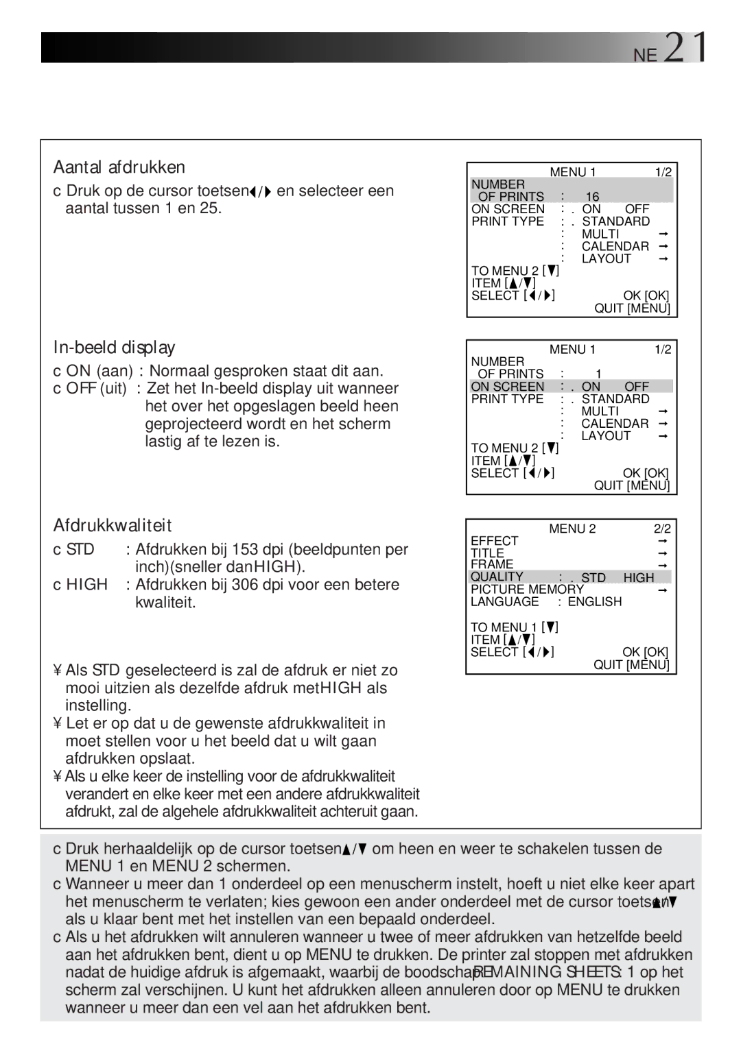 JVC GV-DT3 manual Aantal afdrukken, In-beeld display, Afdrukkwaliteit 