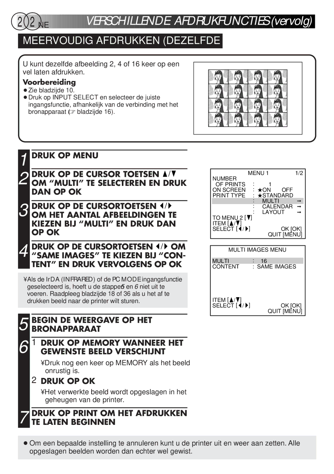 JVC GV-DT3 manual 22 NE, Meervoudig Afdrukken Dezelfde Afbeelding, Druk OP OK 