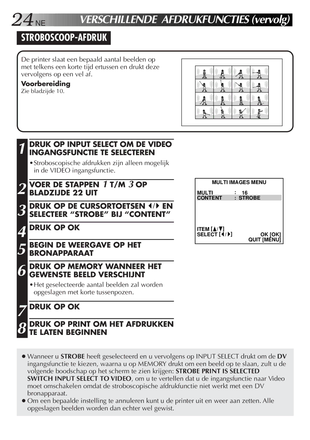 JVC GV-DT3 manual 24 NE, Stroboscoop-Afdruk, Voer DE Stappen 1 T/M 3 OP Bladzijde 22 UIT 