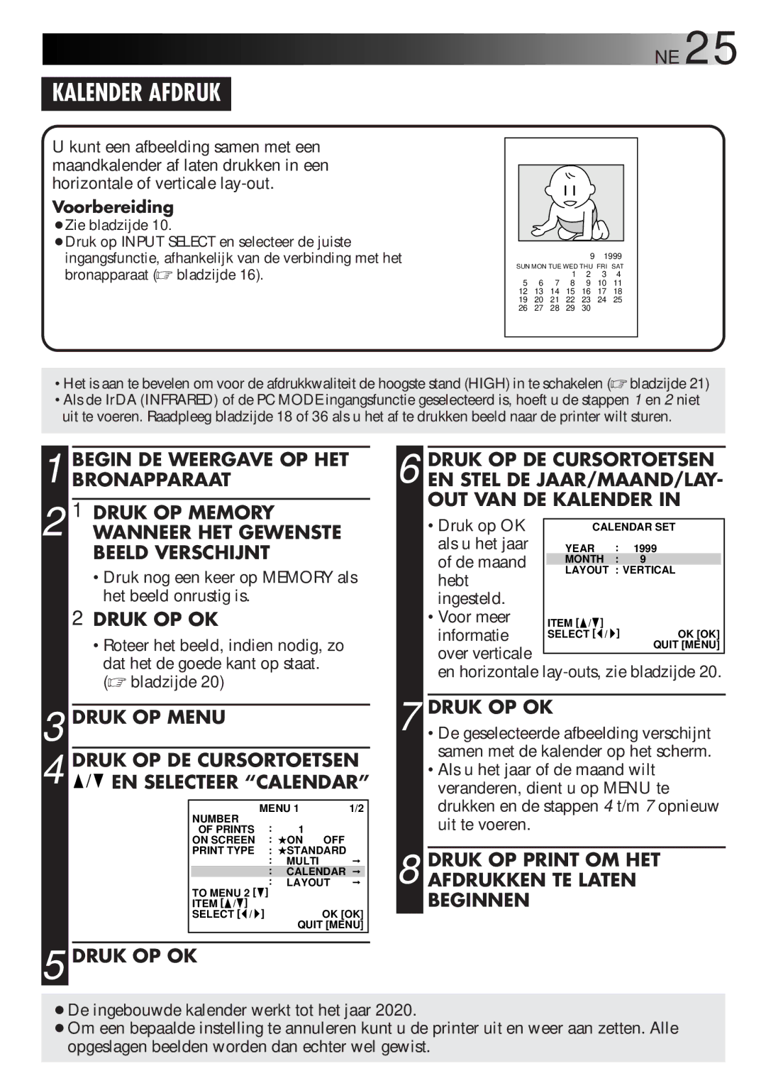 JVC GV-DT3 manual Kalender Afdruk, Druk OP Menu Druk OP DE Cursortoetsen EN Selecteer Calendar 