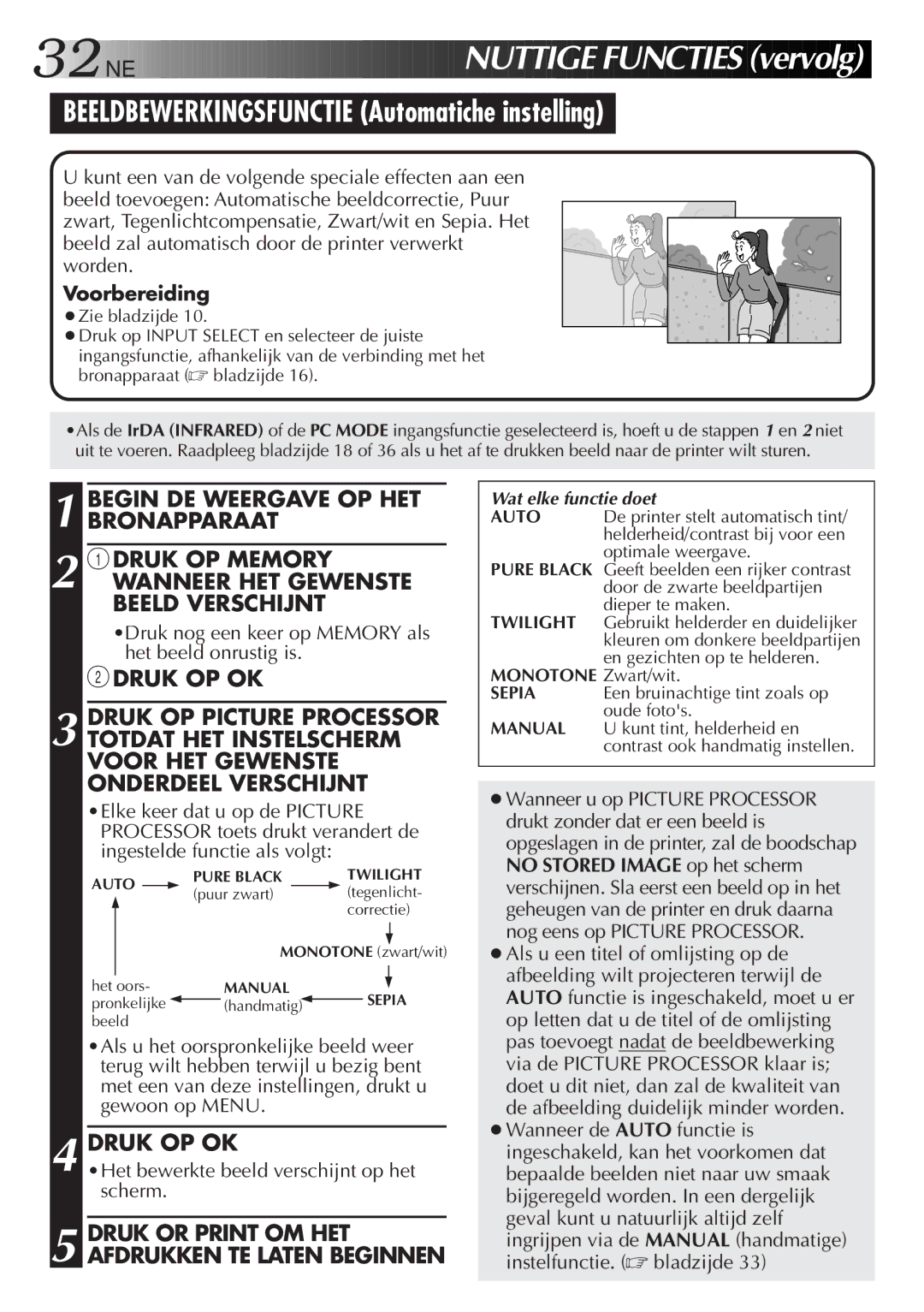 JVC GV-DT3 manual Druk or Print OM HET Afdrukken TE Laten Beginnen, Het bewerkte beeld verschijnt op het scherm 