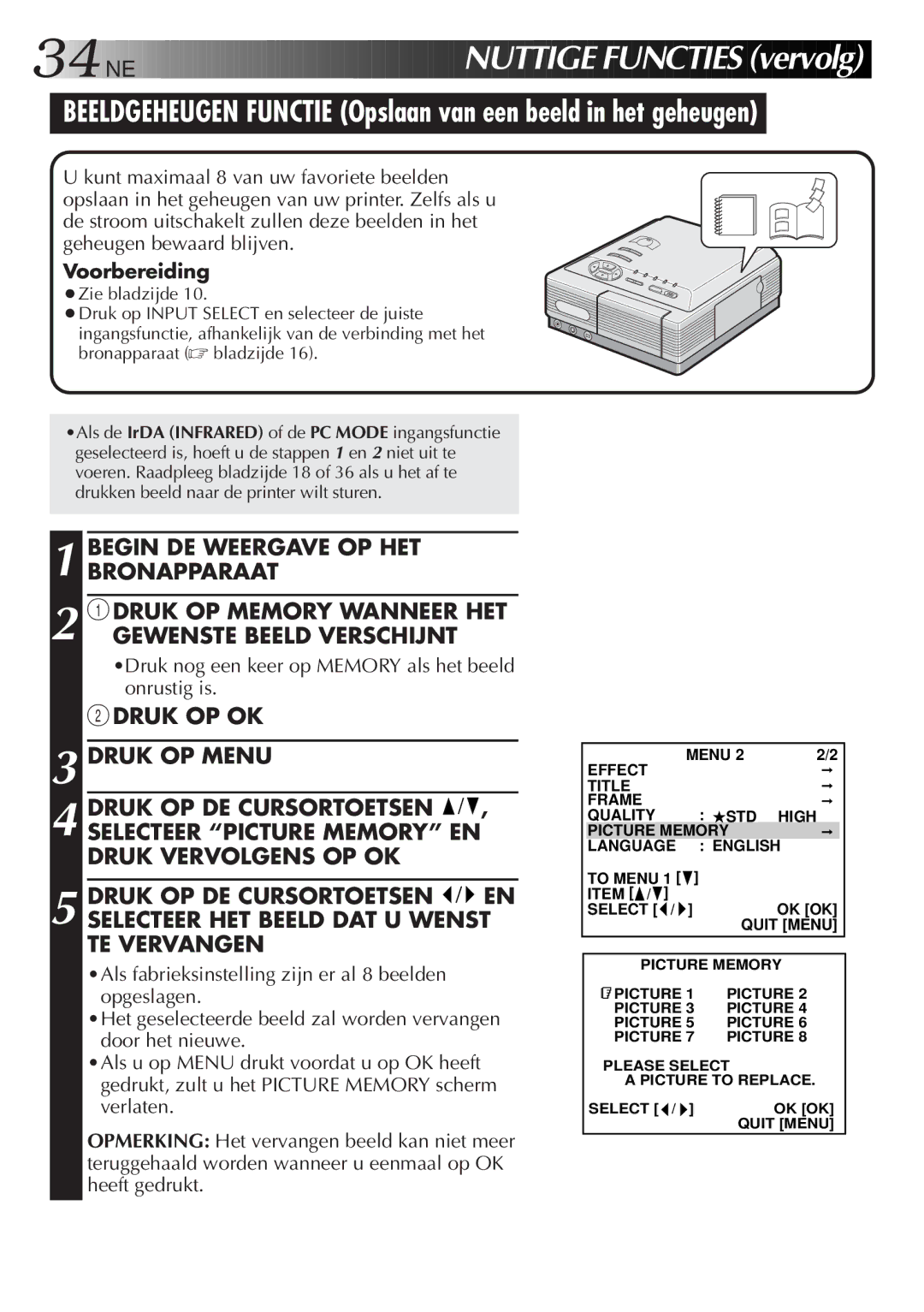 JVC GV-DT3 manual Beeldgeheugen Functie Opslaan van een beeld in het geheugen 