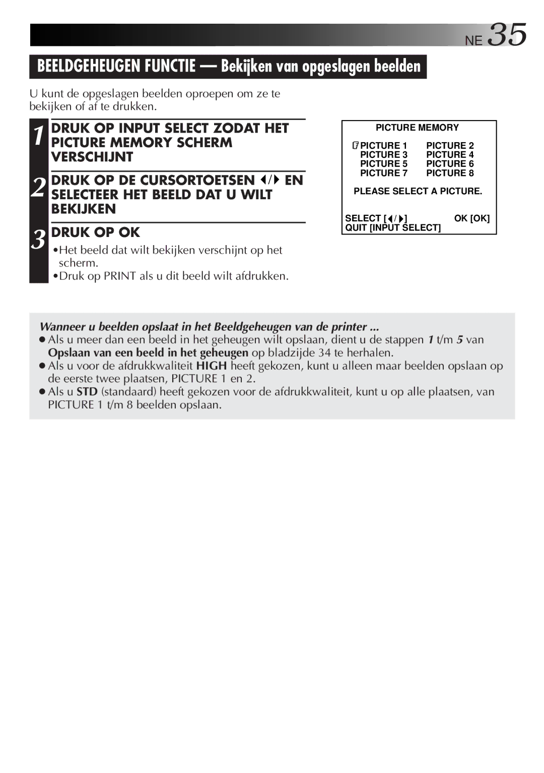 JVC GV-DT3 manual Beeldgeheugen Functie Bekijken van opgeslagen beelden 