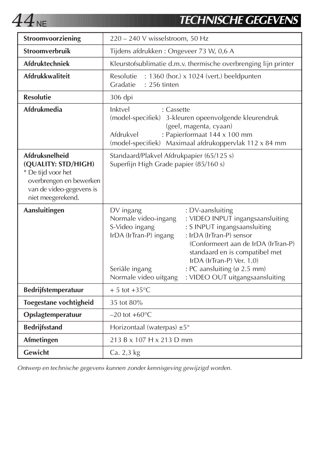 JVC GV-DT3 Stroomvoorziening, Stroomverbruik, Afdruktechniek, Afdrukkwaliteit, Resolutie, Afdrukmedia, Afdruksnelheid 