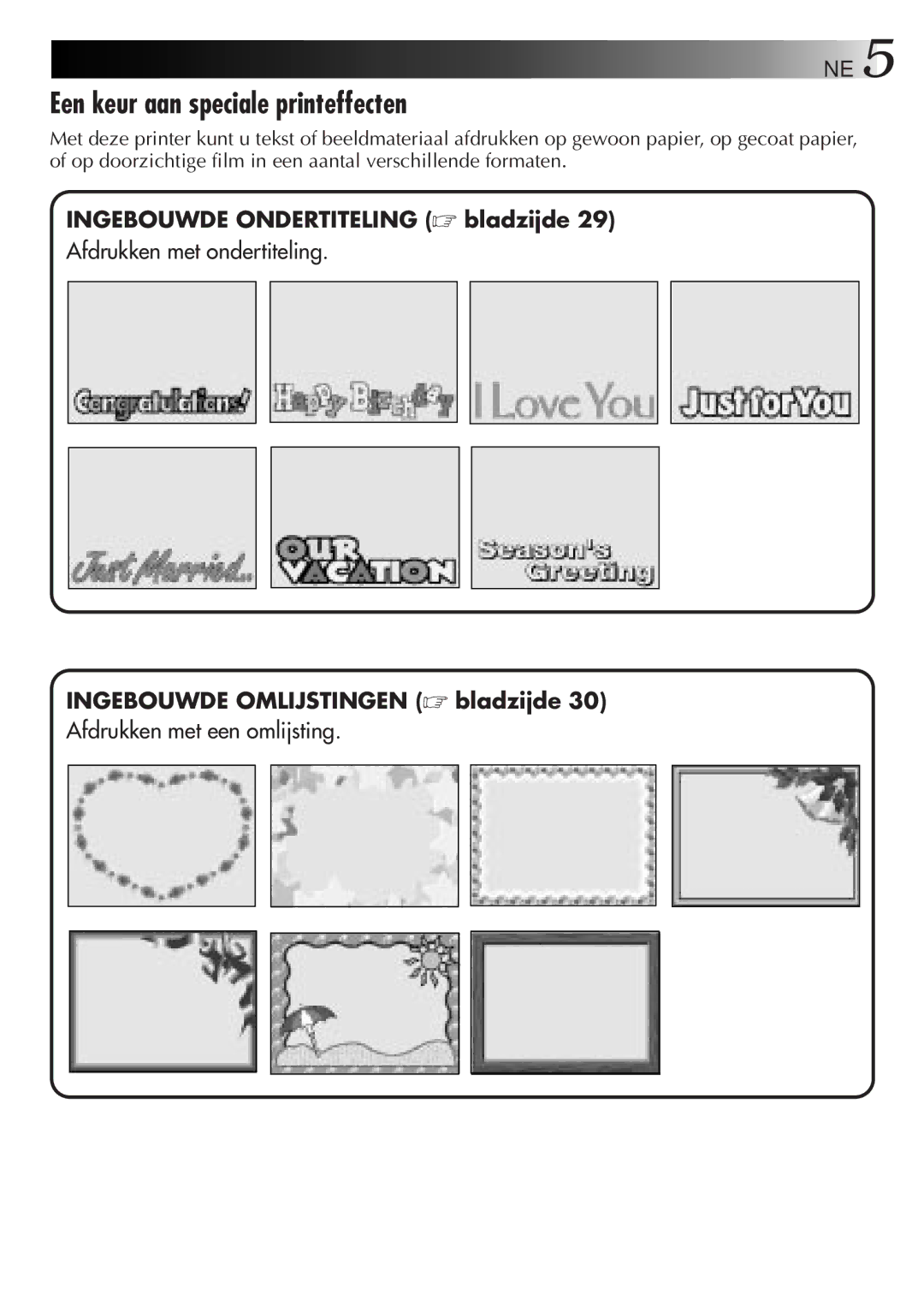 JVC GV-DT3 manual Ingebouwde Ondertiteling bladzijde, Ingebouwde Omlijstingen bladzijde 